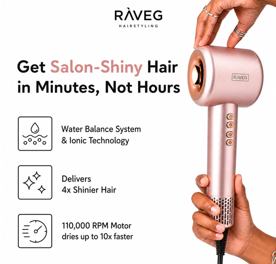 RAVEG Rose Gold Hair Dryer - Dry your hair in record time with a FREE XXL Diffuser