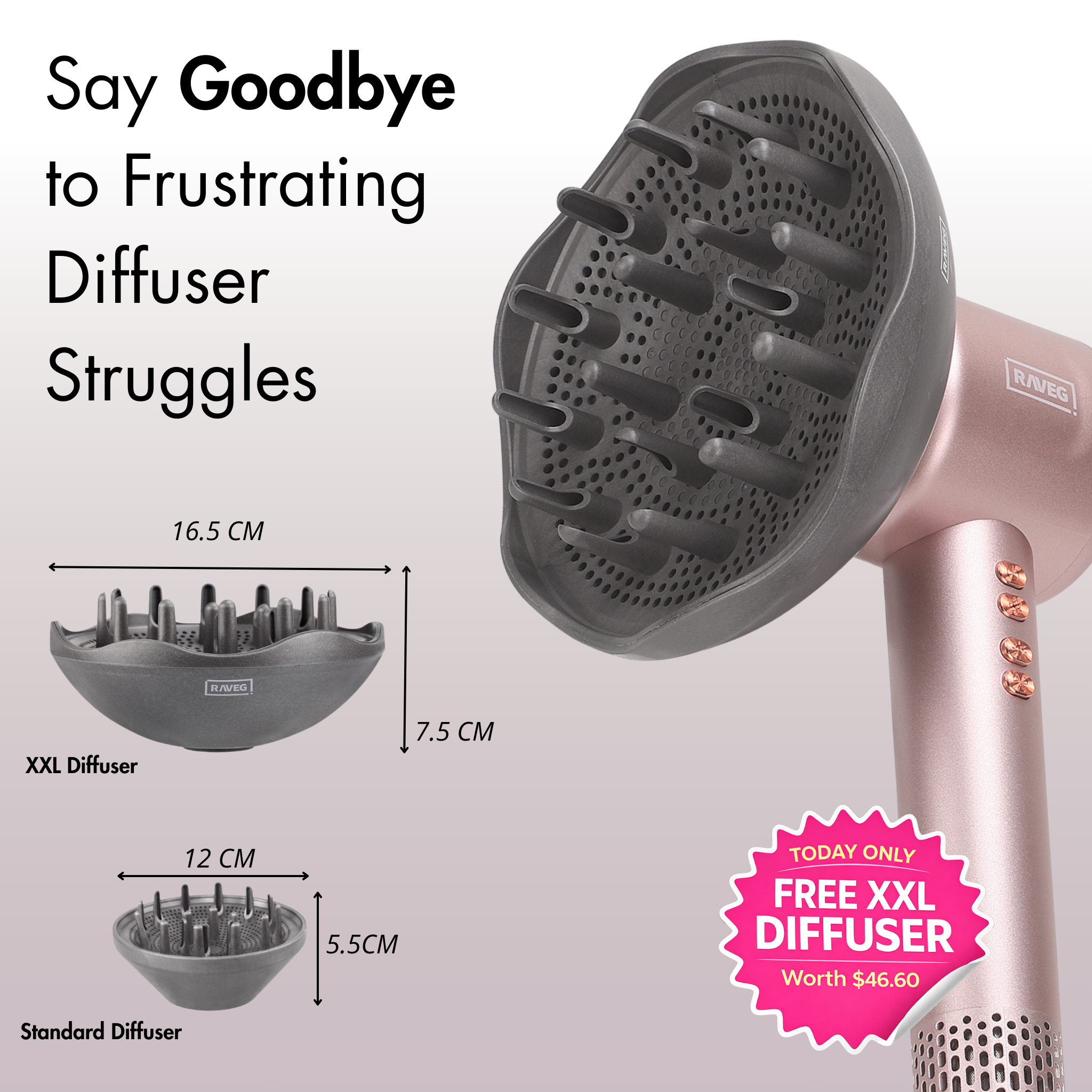 RAVEG Navy Blue Hair Dryer - Dry your hair in record time with a FREE XXL Diffuser