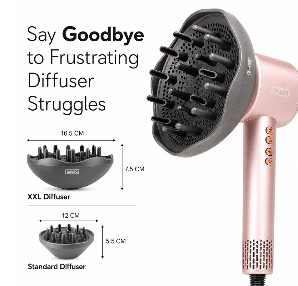 RAVEG Rose Gold Hair Dryer - Dry your hair in record time with a FREE XXL Diffuser