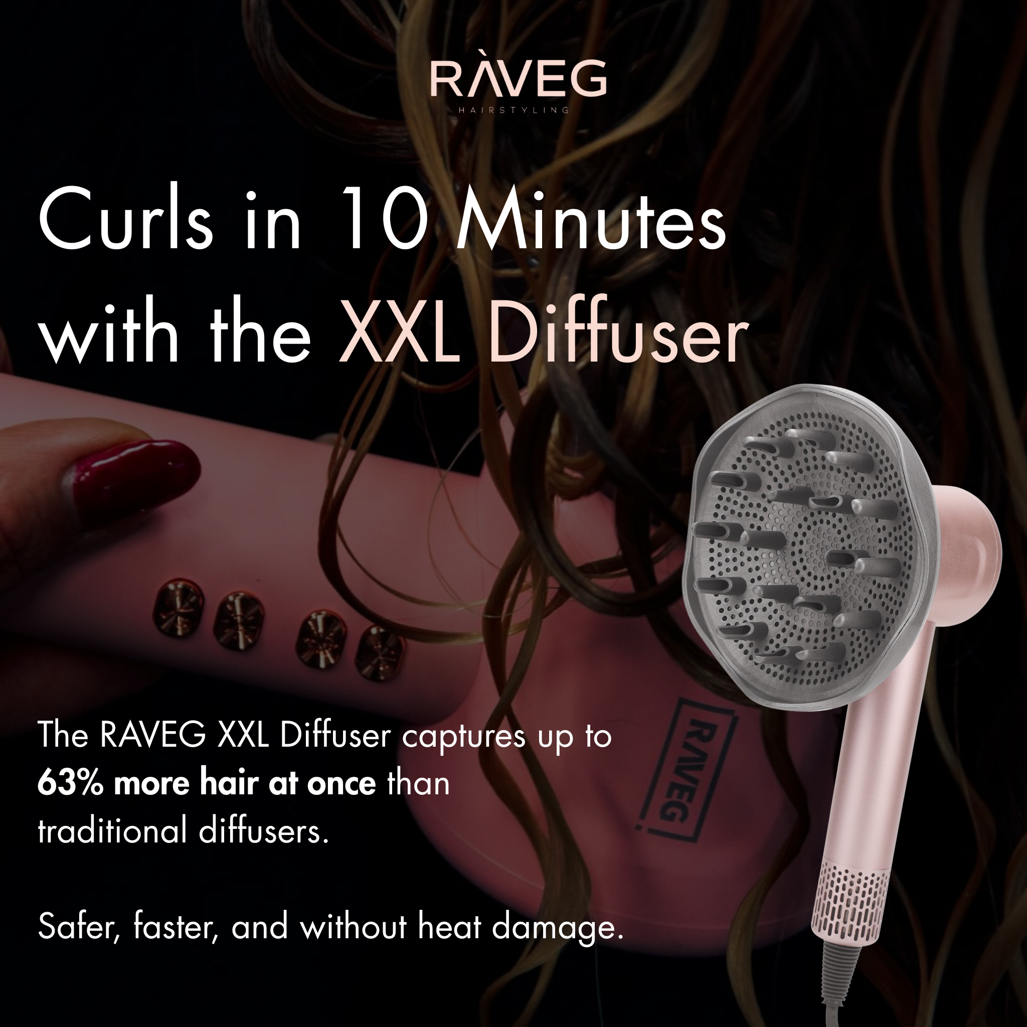 RAVEG Gold Hair Dryer - Dry your hair in record time with a FREE XXL Diffuser
